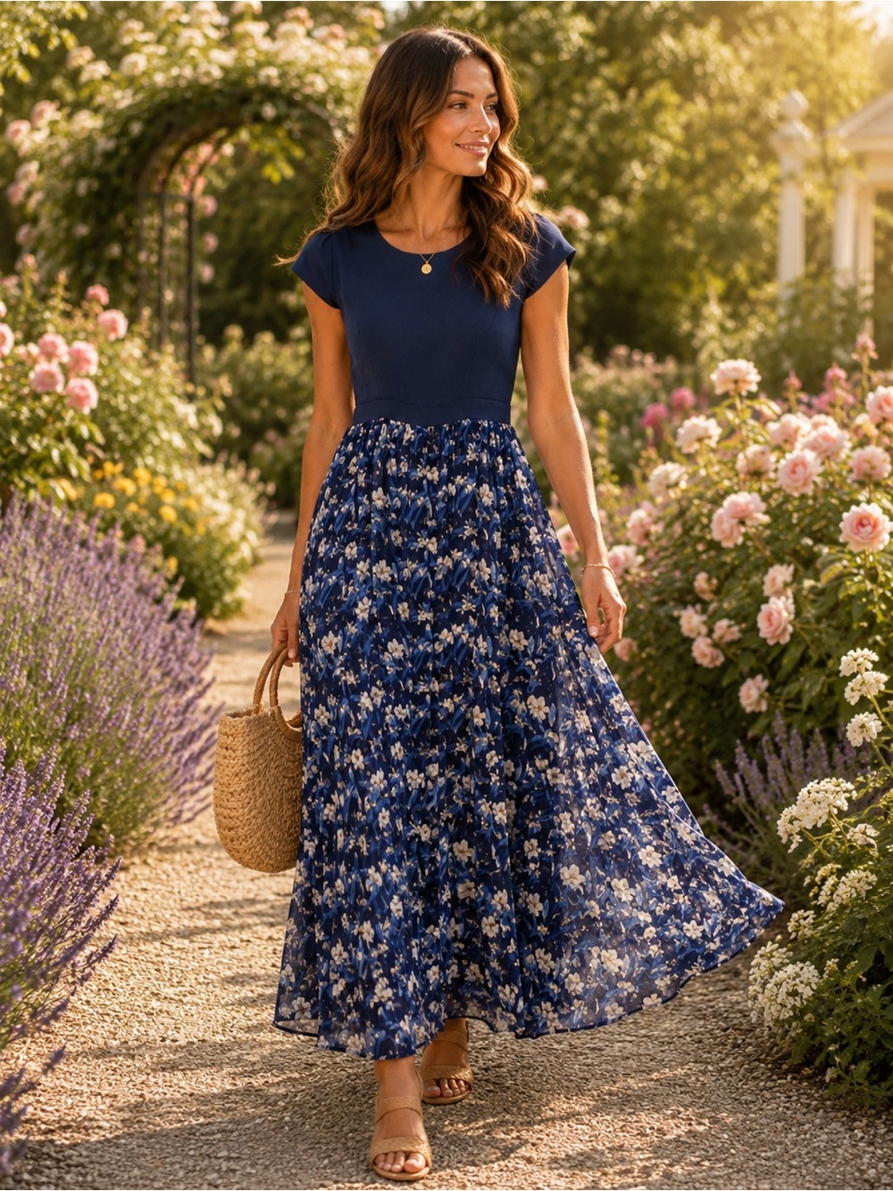 Navy Blue Floral Maxi Dress XL Chiffon Overlay Cottagecore Garden Party Wedding